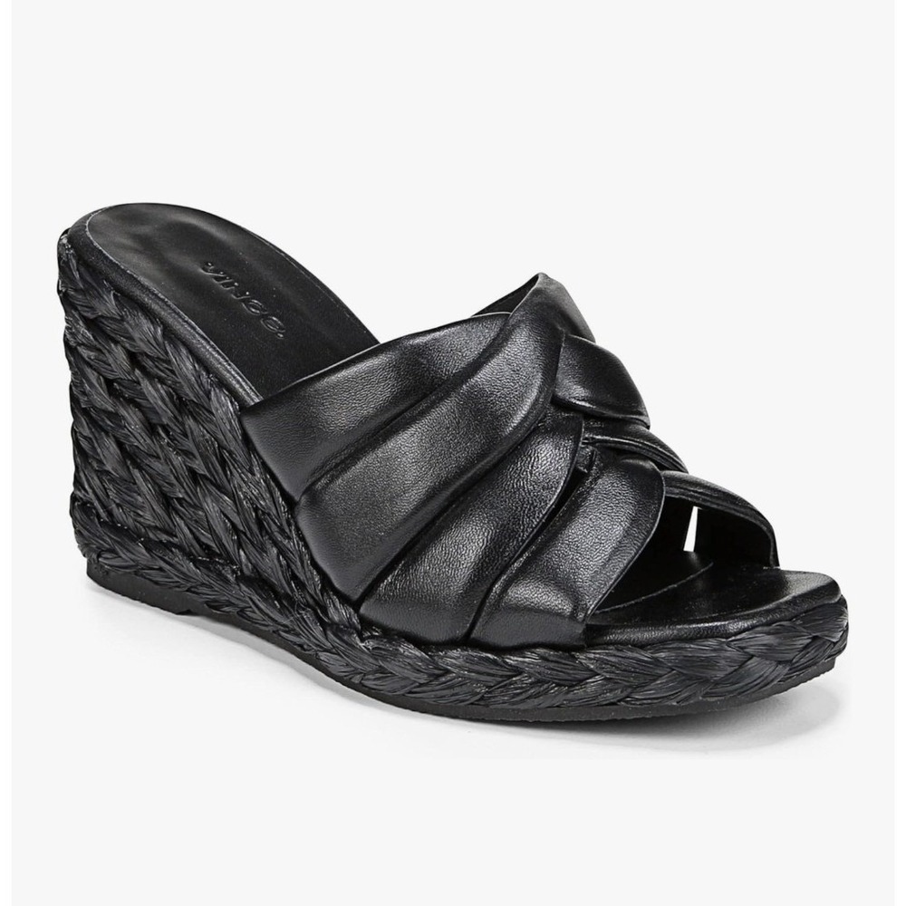 VINCE Gilian Leather Wedge Sandal BLACK ESPADRILLES 8M Neutral Minimal‎ Capsule